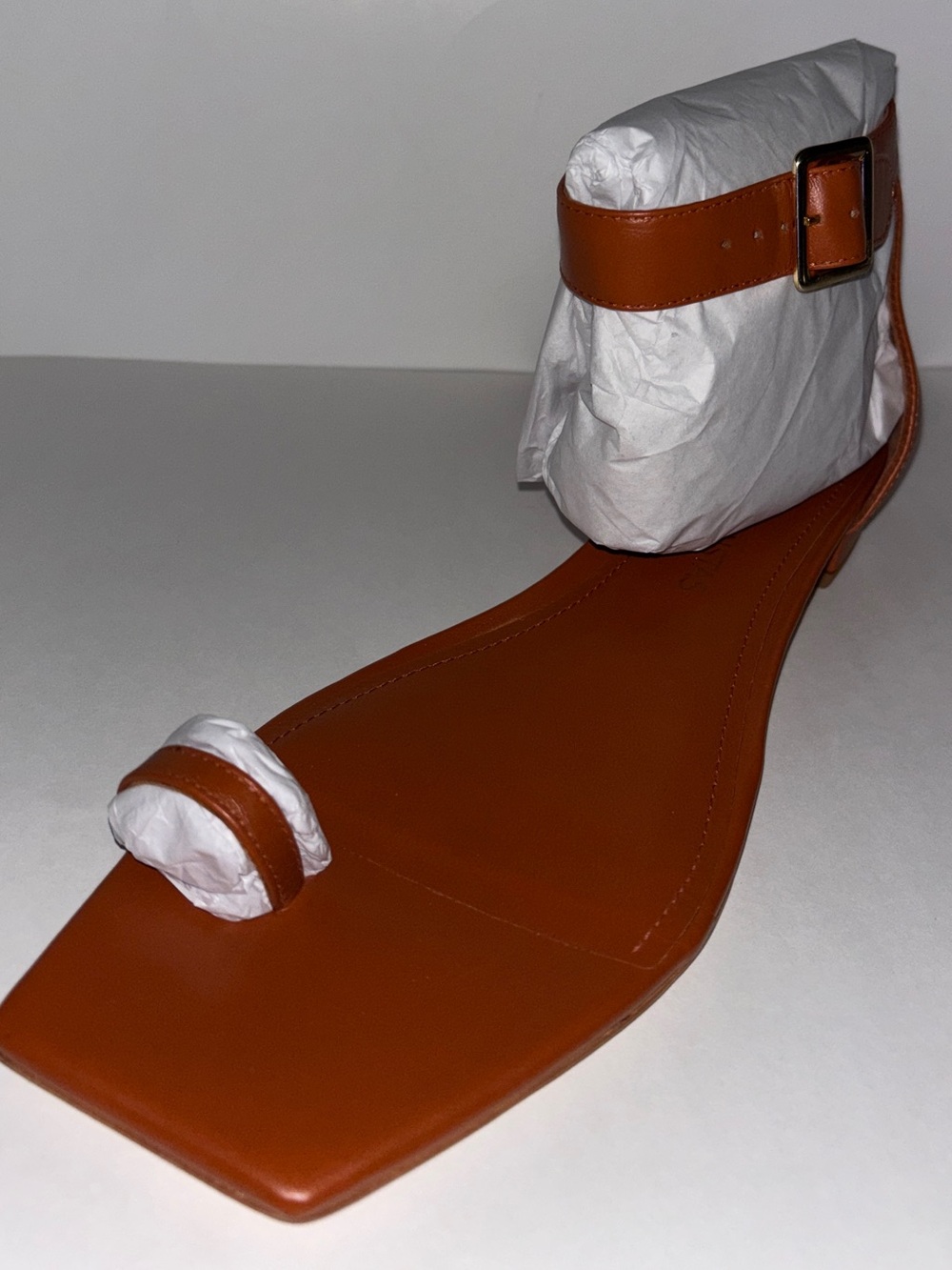 Carolina Constas Jane Leather Flat Sandal Luggage Brown Square Toe Women 38 NEW